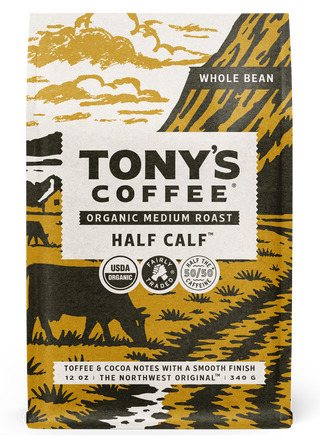 Tony's Coffee Half Calf packaging with Toffee and Cocoa Notes and rugged landscape artwork