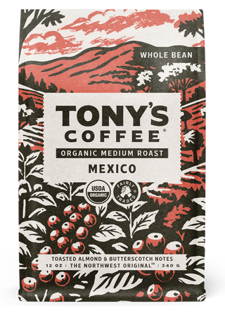 Tony's Coffee Whole Bean Organic Medium Roast Mexico packaging with a vintage style mountain scene