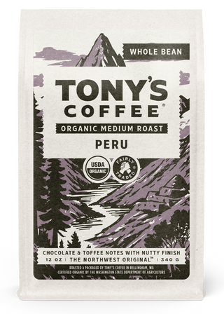 Tony's Coffee Peru bag with mountain illustration and Organic Medium Roast label