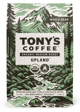 Tony's Coffee Upland organic medium roast whole bean bag with mountain scene