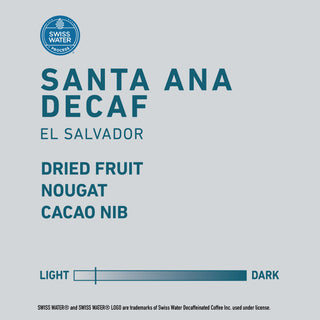 Label close-up showing Swiss Water logo and large SANTA ANA DECAF text on a light gray bag