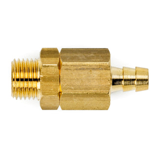 Brass vacuum breaker fitting with barbed connection for a 1/4 inch drain line.