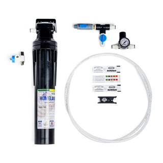 Under-sink water filtration system with a tall black tank, white hoses and fittings