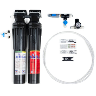 Two tall black water filtration canisters with blue valve and white tubing for a two stage commercial filtration system