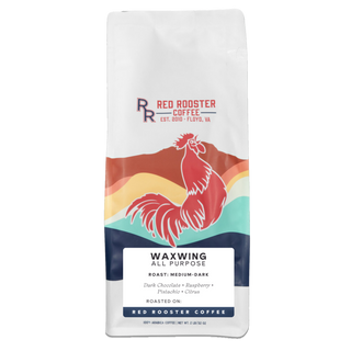 Colorful Waxwing All-Purpose Blend bag featuring a bold rooster illustration.