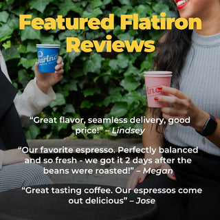 Two people hold coffee cups outdoors with a leafy background and the flatiron reviews title