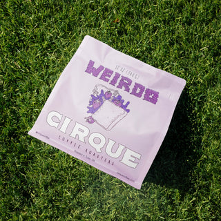 Diner coffee bag on grass with bold lettering and cartoon artwork