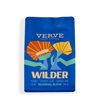 Verve Wilder Seasonal Blend coffee bag in vivid blue with bold WILDER and notes of pluot cherry leaf and dandelion.
