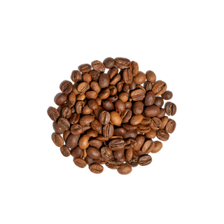 Heap of roasted coffee beans piled on a surface against a black background.