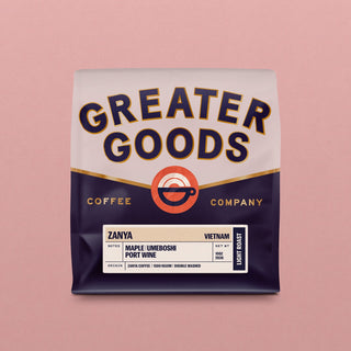 Zanya Vietnam coffee bag by Greater Goods Roasting with bold GREATER GOODS branding and origin label