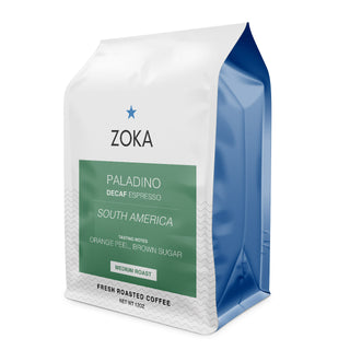 Zoka Paladino Decaf Espresso bag with green label announcing South America and medium roast