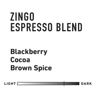 Close up of Zingo Espresso Blend label showing large black type on white background