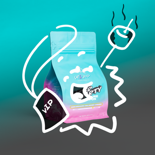 After Party coffee bag with teal to pink gradient and bold white artwork on a teal backdrop.