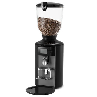 Anfim Pratica commercial espresso grinder with tall clear hopper filled with coffee beans