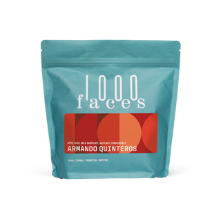 Teal Armando Quinteros coffee bag with 1000 faces branding and a red label featuring orange circular shapes.