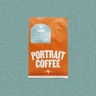 Orange Barry coffee bag from Portrait Coffee with a teal label against a teal patterned backdrop.