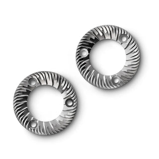 Two Mazzer Philos I189D 64mm burr rings on a white background