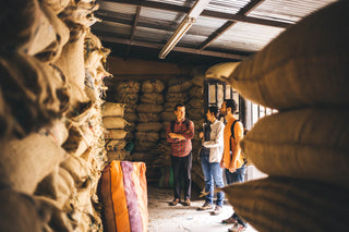 Inside a coffee warehouse with stacked burlap sacks and workers discussing the process