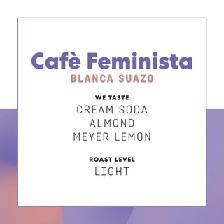 Café Feminista poster featuring Blanca Suazo with bold purple typography on a white background.