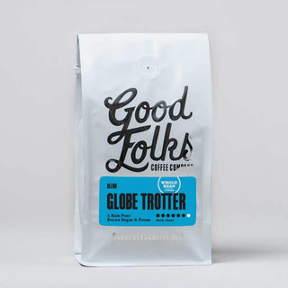 Good Folks Coffee Globe Trotter whole bean dark roast bag with blue label