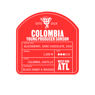 Colombia Sonson label graphic showing tasting notes altitude 1800 m and Black Honey and Washed processing