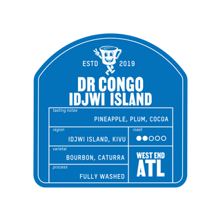 Blue DR CONGO IDJWI ISLAND coffee label with fully washed designation and tasting notes pineapple plum cocoa