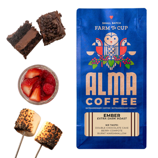 Ember Extra Dark Roast bag with double chocolate cake pieces, a berry compote jar, and burnt marshmallow skewers.