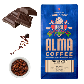 Dark chocolate pieces with a drizzle and a bowl of pecans beside a blue Alma Coffee Enchanted bag.