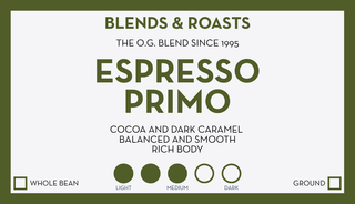 Espresso Primo label card from Blends & Roasts on a pale card with an olive frame