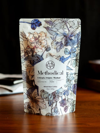 Methodical Ethiopia Origins Washed coffee bag with floral pattern and white label
