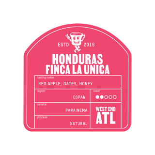 Honduras Finca La Unica Natural coffee bag label in pink with tasting notes red apple dates honey.