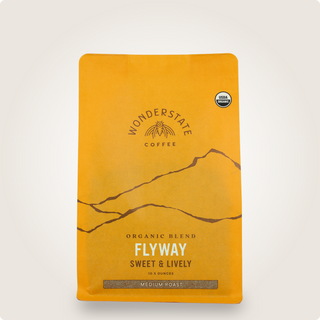Orange Flyway coffee bag with mountain motif and USDA Organic badge, labeled medium roast.