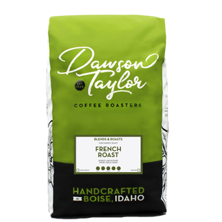 Green Dawson Taylor French Roast coffee bag with bold white label and hand script logo