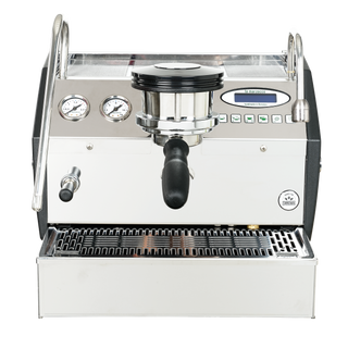 Front view of La Marzocco GS3 with dual gauges, digital display, and centered group head with portafilter.