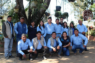 Group of workers in blue shirts posing outdoors in Guatemala