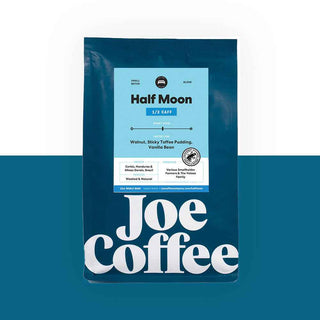 Half Moon Half Caff coffee bag with blue label and Joe Coffee logo