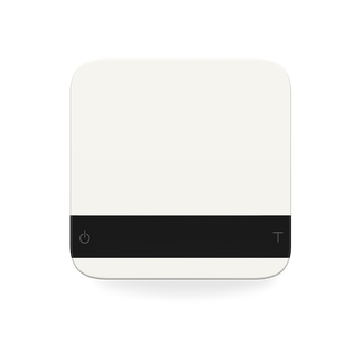 White Acaia Lunar espresso scale close up with rounded corner against a black background