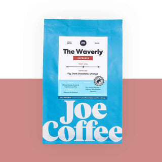 The Waverly Espresso coffee bag in bright blue packaging with a white label showing Joe Coffee branding
