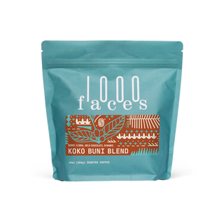 Koko Buni coffee bag in turquoise packaging with a decorative brown label by 1000 Faces