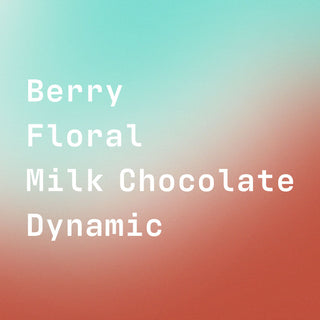 Berry Floral Milk Chocolate Dynamic flavor label for the Koko Buni coffee blend on a teal to orange gradient