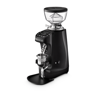 Black Mazzer Mini G espresso grinder with large transparent hopper and electronic control panel.