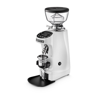 White Mazzer Mini G espresso grinder with clear hopper and metal portafilter cradle.