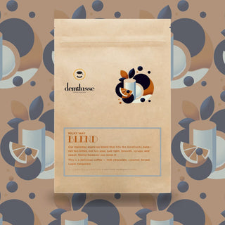 Demitasse Milky Way Blend coffee bag with abstract geometric artwork and Demitasse logo.