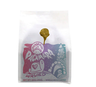 Nicaragua La Bendicion Pacamara Washed coffee bag with pastel label and gold wax seal.