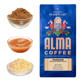 Passion Alma Coffee bag beside cocoa powder caramel sauce and brown sugar
