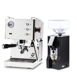Stainless steel espresso machine with a portafilter next to a black Eureka Mignon Silenzio 55 grinder