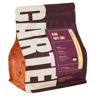 Blend Forty-Eight coffee bag featuring a bold white graphic and maroon panel labeled Blend Forty-Eight