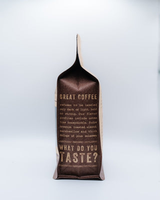 Close up of the Barefoot Coffee Roasters bag showing bold Great Coffee text along the side