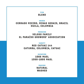 The Daily coffee specification card showing blend and origin on white background with blue border