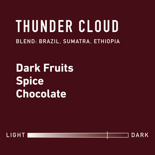 Thunder Cloud coffee bag with bold THUNDER CLOUD title on burgundy panel and flavor notes Dark Fruits Spice Chocolate